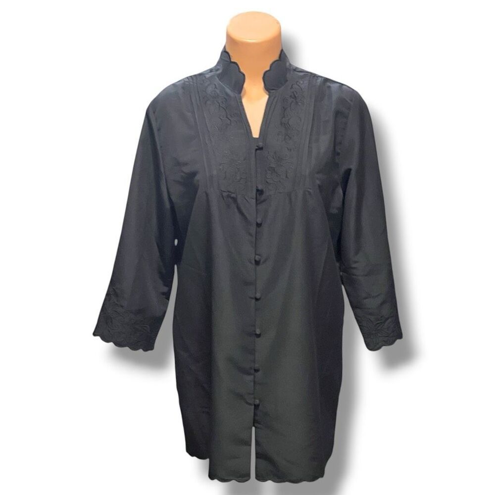 Anthony Richards Black Embroidered Button Front Tunic Blouse Size 10